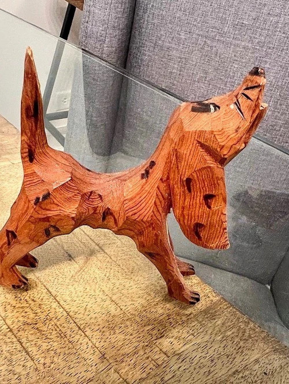 vintage hand-carved wooden howling hound or basset hound dog figurine